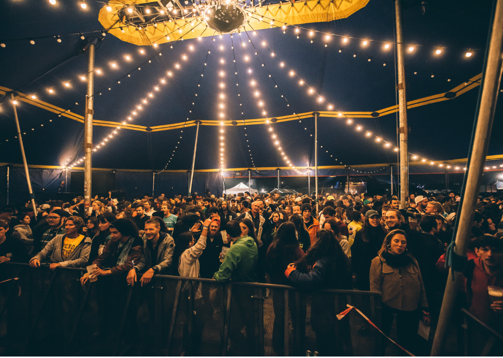 location chapiteau de cirque 15 × 20M avec un plafond de guirlandes guinguettes